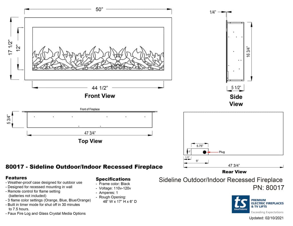 The Sideline Outdoor/Indoor 50 Inch Recessed/Wall Mounted Electric Fireplace (No Heat) 80017 dimensional line drawing specifications