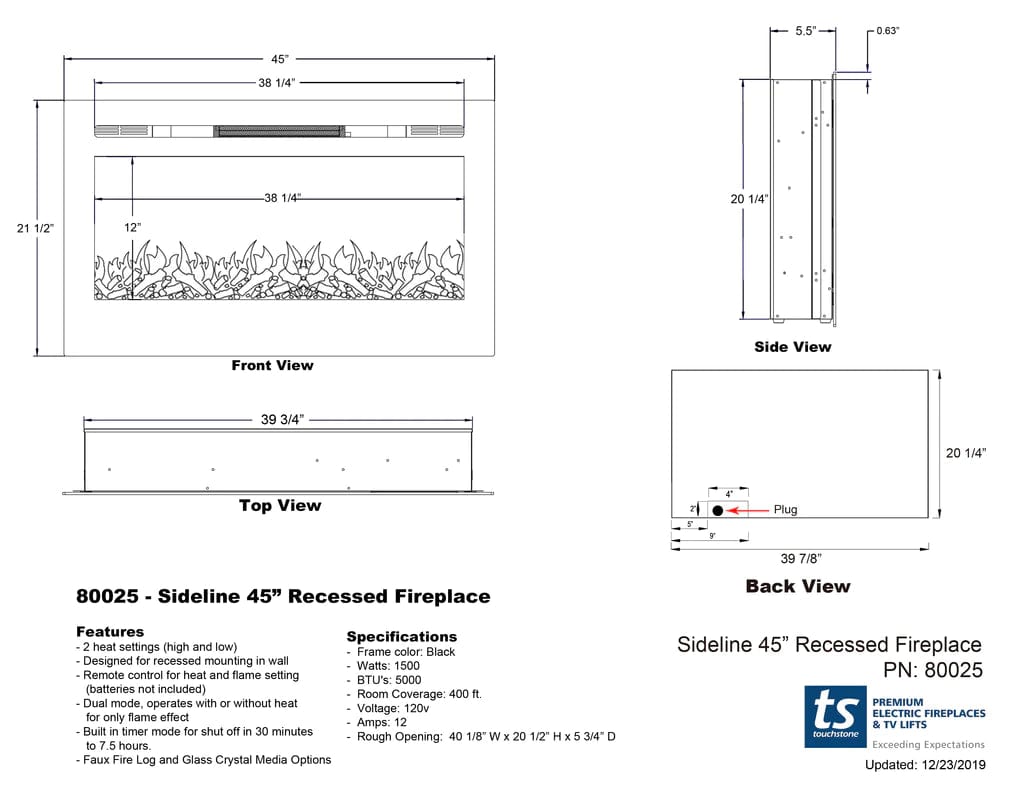 The Sideline 45 Inch Recessed Smart Electric Fireplace 80025 dimensional line drawing specifications