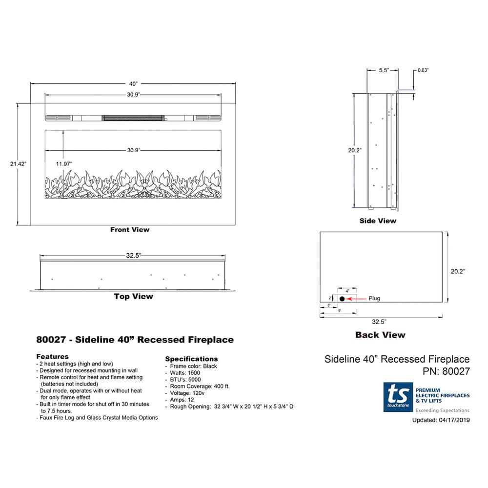 The Sideline 40 Inch Recessed Smart Electric Fireplace 80027 dimensional line drawing specifications
