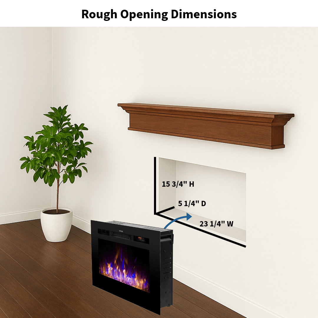 Touchstone Electric Fireplace rough opening dimensional graphic (Model: Sideline)