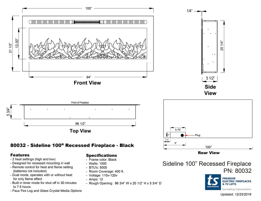The Sideline 100 Inch Recessed Smart Electric Fireplace 80032 dimensional line drawing specifications