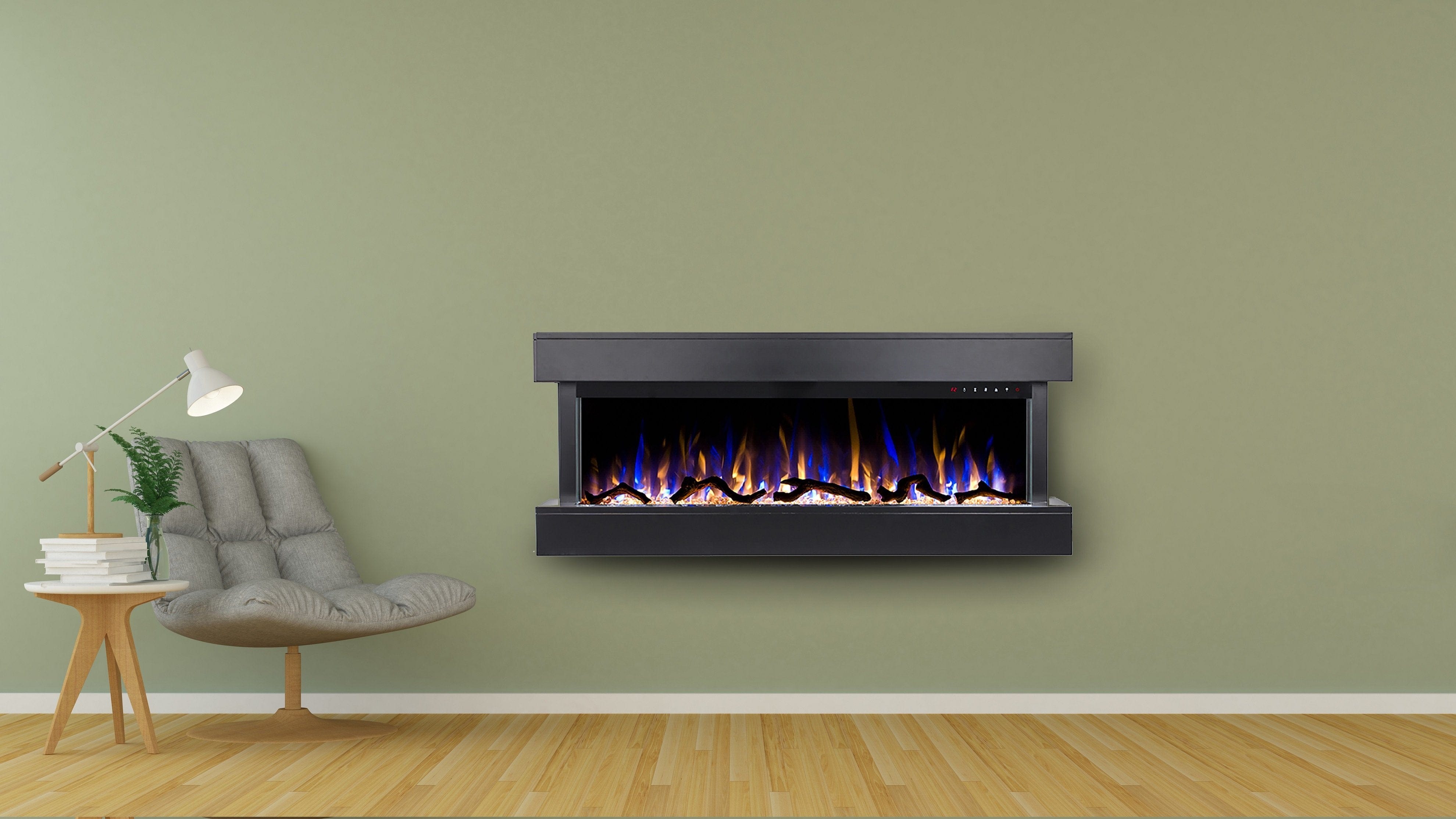 Chesmont White 80033 Wall Mount 3-Sided Smart Electric Fireplace shown on a green wall.