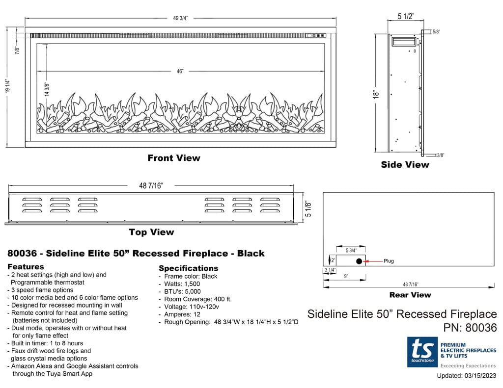 Sideline Elite 50 Inch Recessed Smart Electric Fireplace 80036 dimensional line drawing specifications