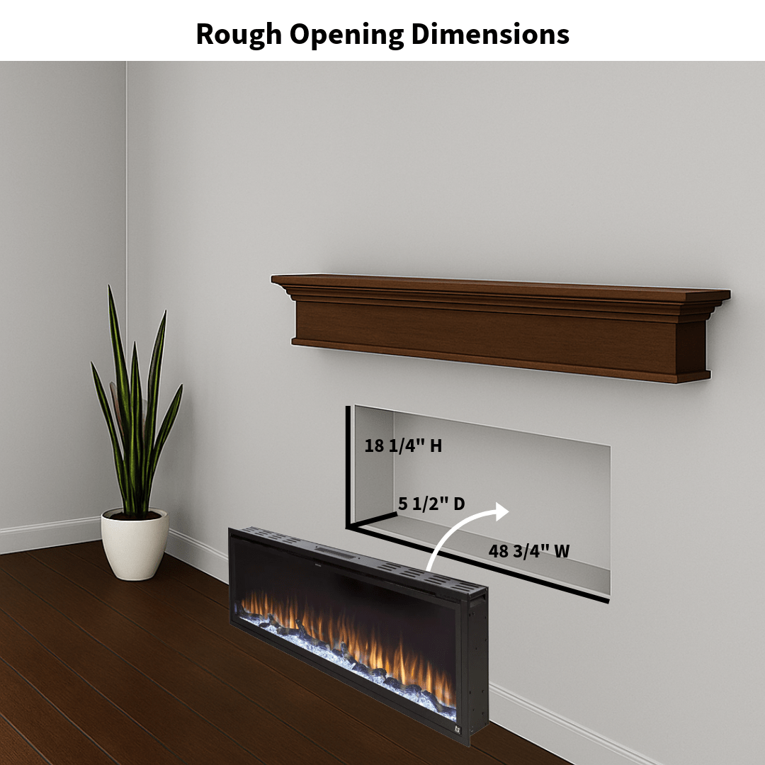 Touchstone Electric Fireplace rough opening dimensional graphic (Model: Sideline Elite)
