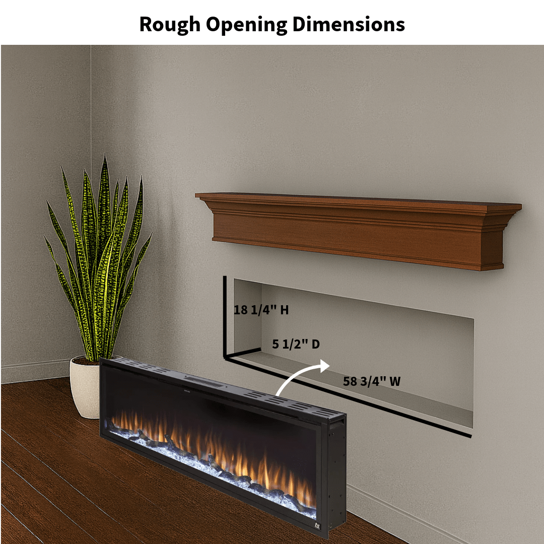 Touchstone Electric Fireplace rough opening dimensional graphic (Model: Sideline Elite)