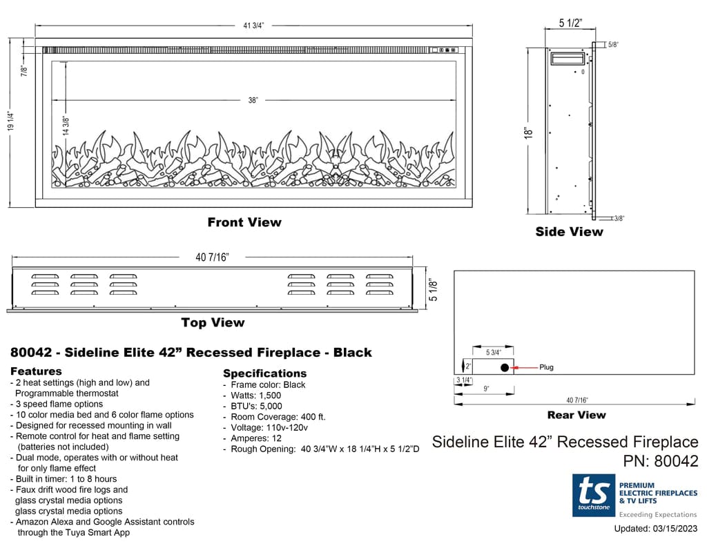Sideline Elite 42 Inch Recessed Smart Electric Fireplace 80042 dimensional line drawing specifications
