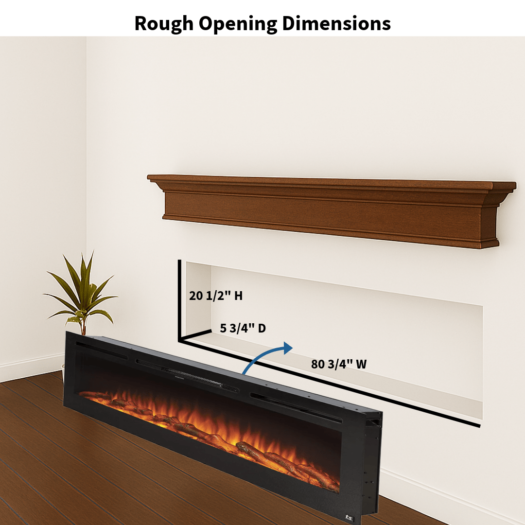 Touchstone Electric Fireplace rough opening dimensional graphic (Model: Sideline)