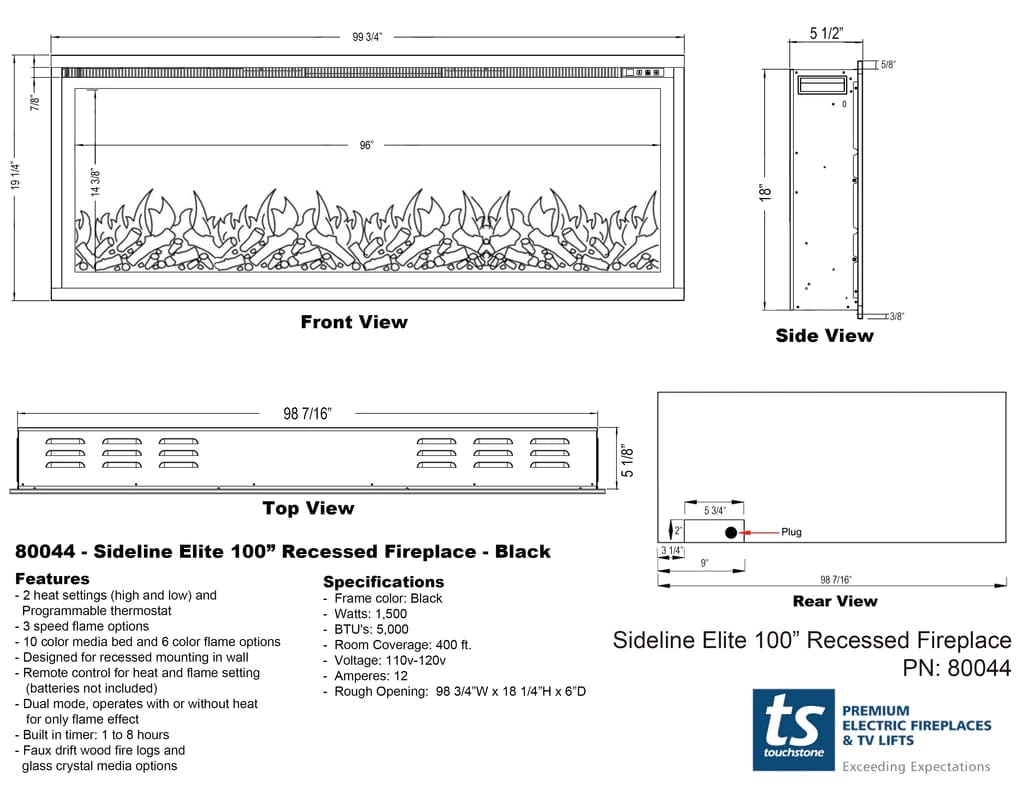 Sideline Elite 100 Inch Recessed Smart Electric Fireplace 80044 dimensional line drawing specifications