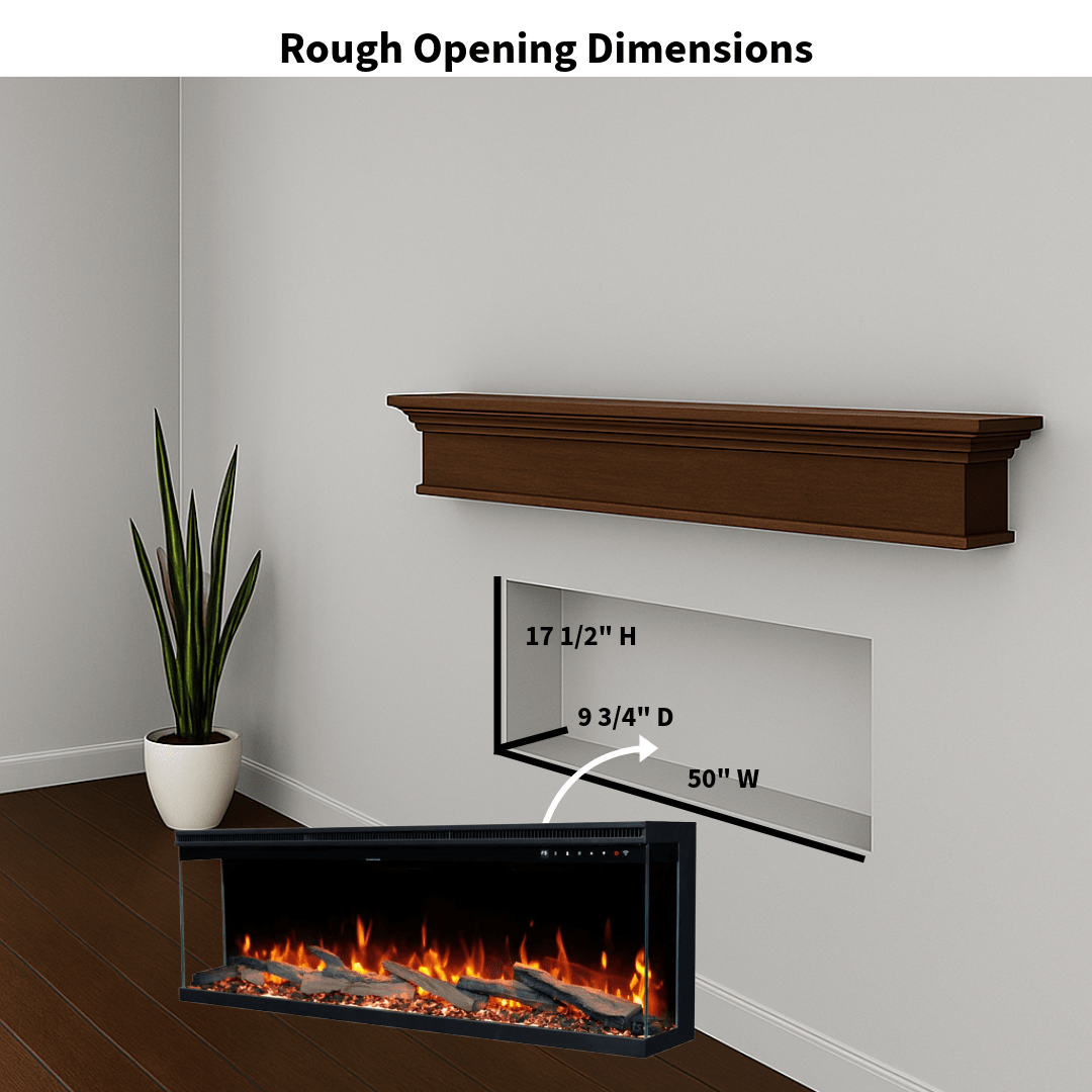 Touchstone Electric Fireplace rough opening dimensional graphic (Model: Infinity)
