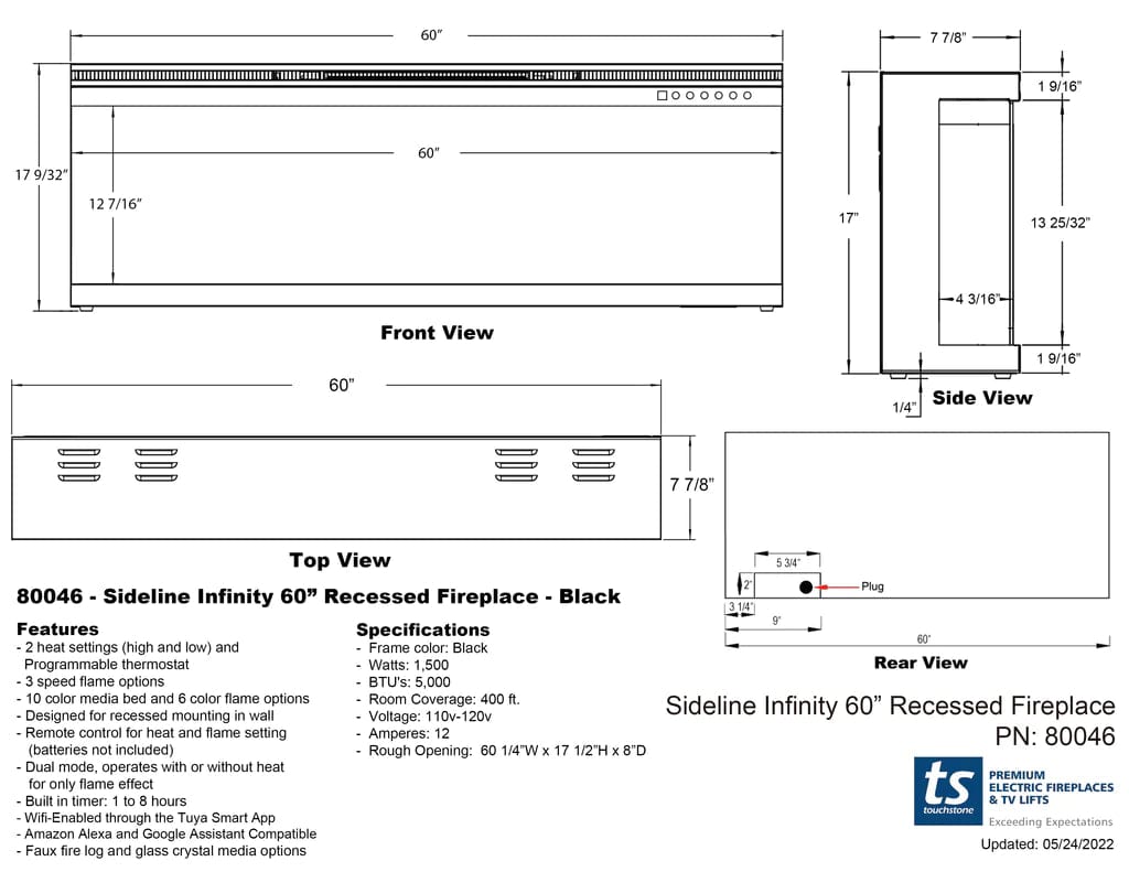 Sideline Infinity 60 Inch 3 Sided Recessed Smart Electric Fireplace 80046 dimensional line drawing specifications