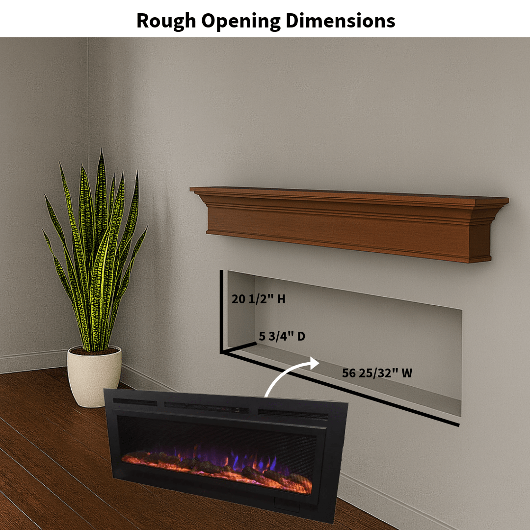 Touchstone Electric Fireplace rough opening dimensional graphic (Model: Sideline Steel)