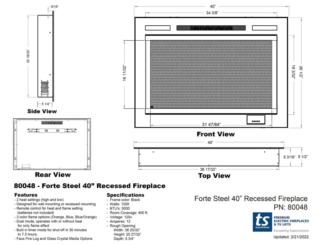 Forte Steel Mesh Screen Non Reflective 40 Inch Recessed Electric Fireplace 80048 dimensional line drawing specifications