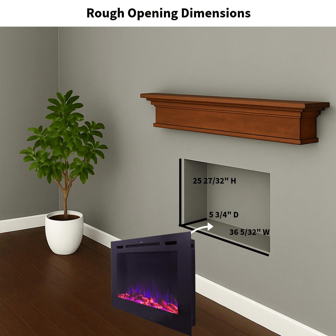 Touchstone Electric Fireplace rough opening dimensional graphic (Model: Sideline Steel)