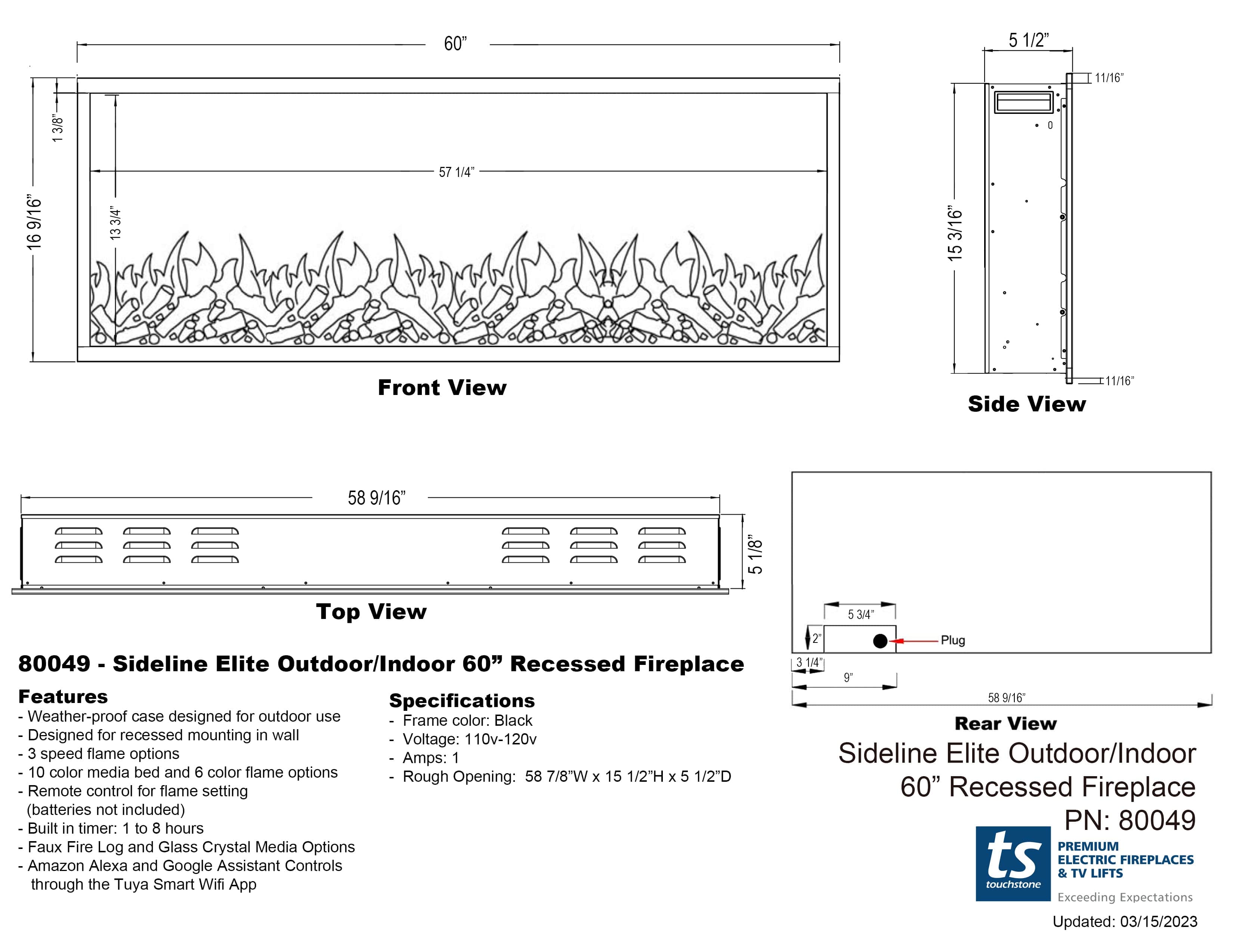 Sideline Elite 60 Inch Recessed Smart Outdoor Weatherproof Electric Fireplace (No Heat) 80049 dimensional line drawing specifications