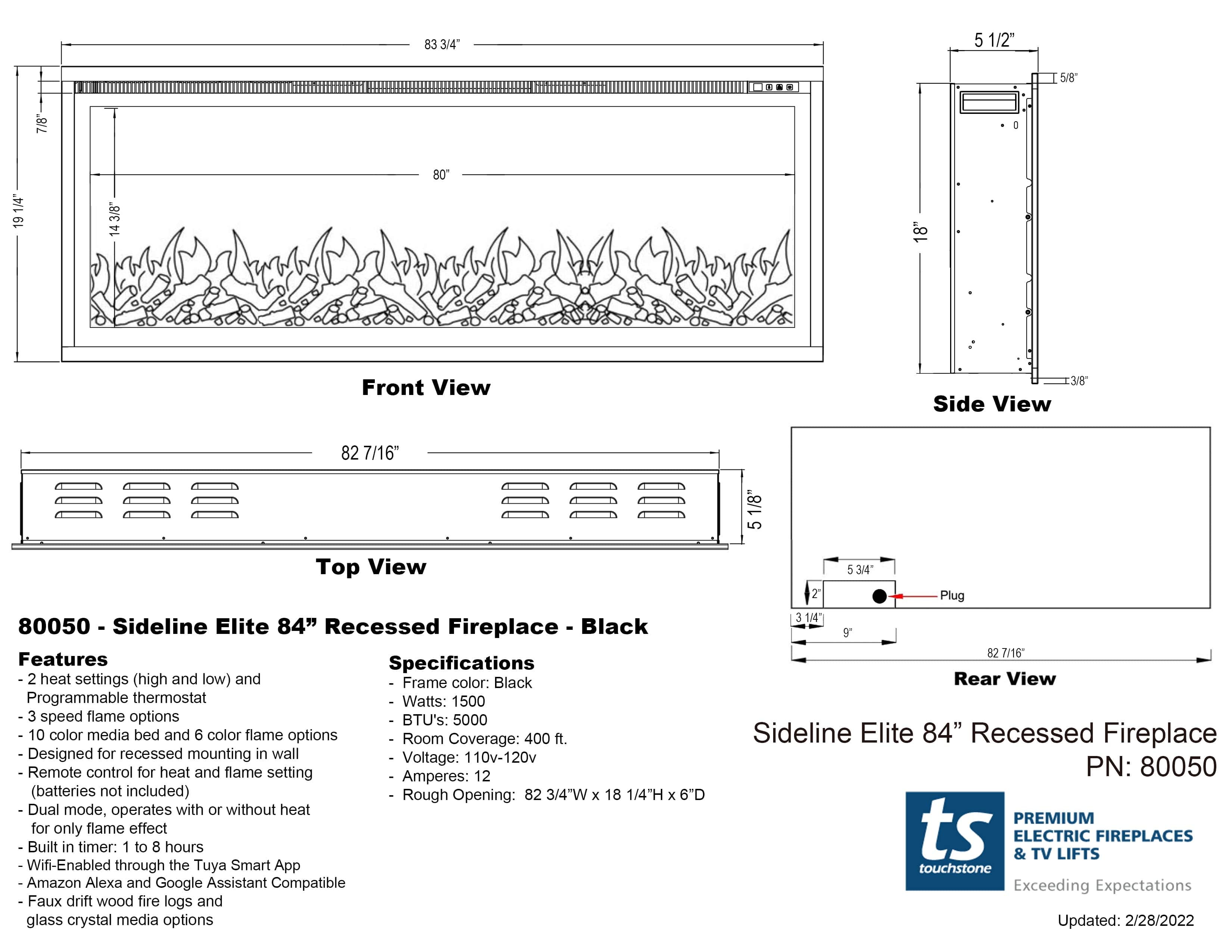 Sideline Elite Smart 80050 84 WiFi-Enabled Recessed Electric Fireplace specifications.