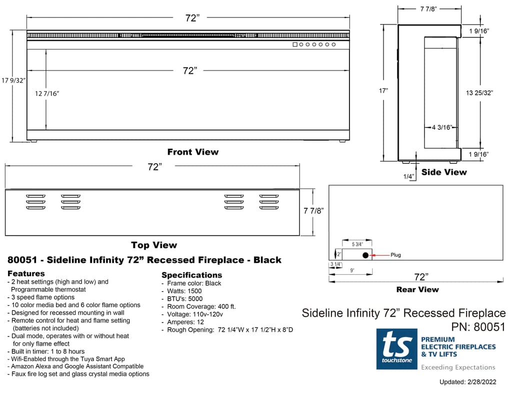 Sideline Infinity 72 Inch 3 Sided Recessed Smart Electric Fireplace 80051 dimensional line drawing specifications
