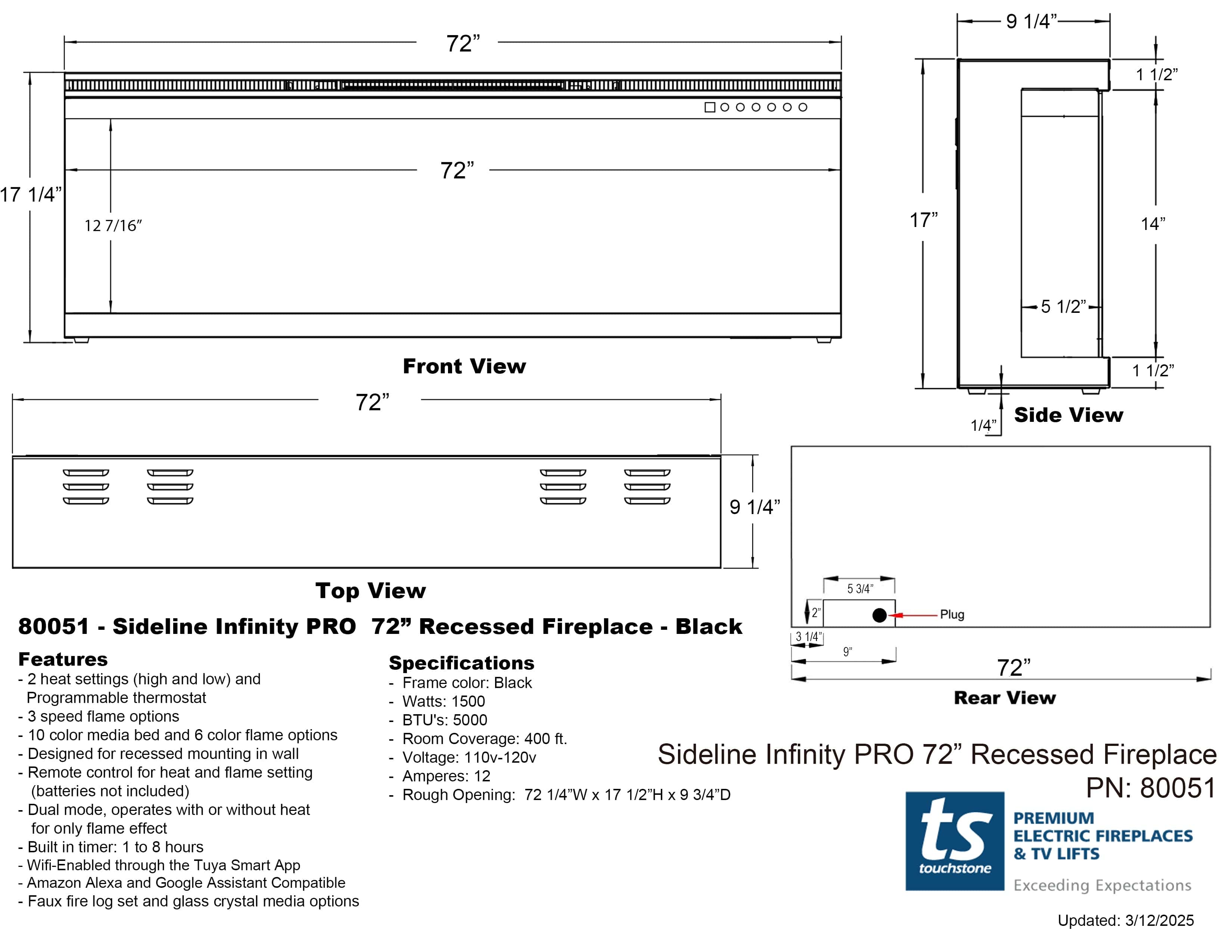 Sideline Infinity Pro 72 Inch 3 Sided Recessed Smart Electric Fireplace 80051