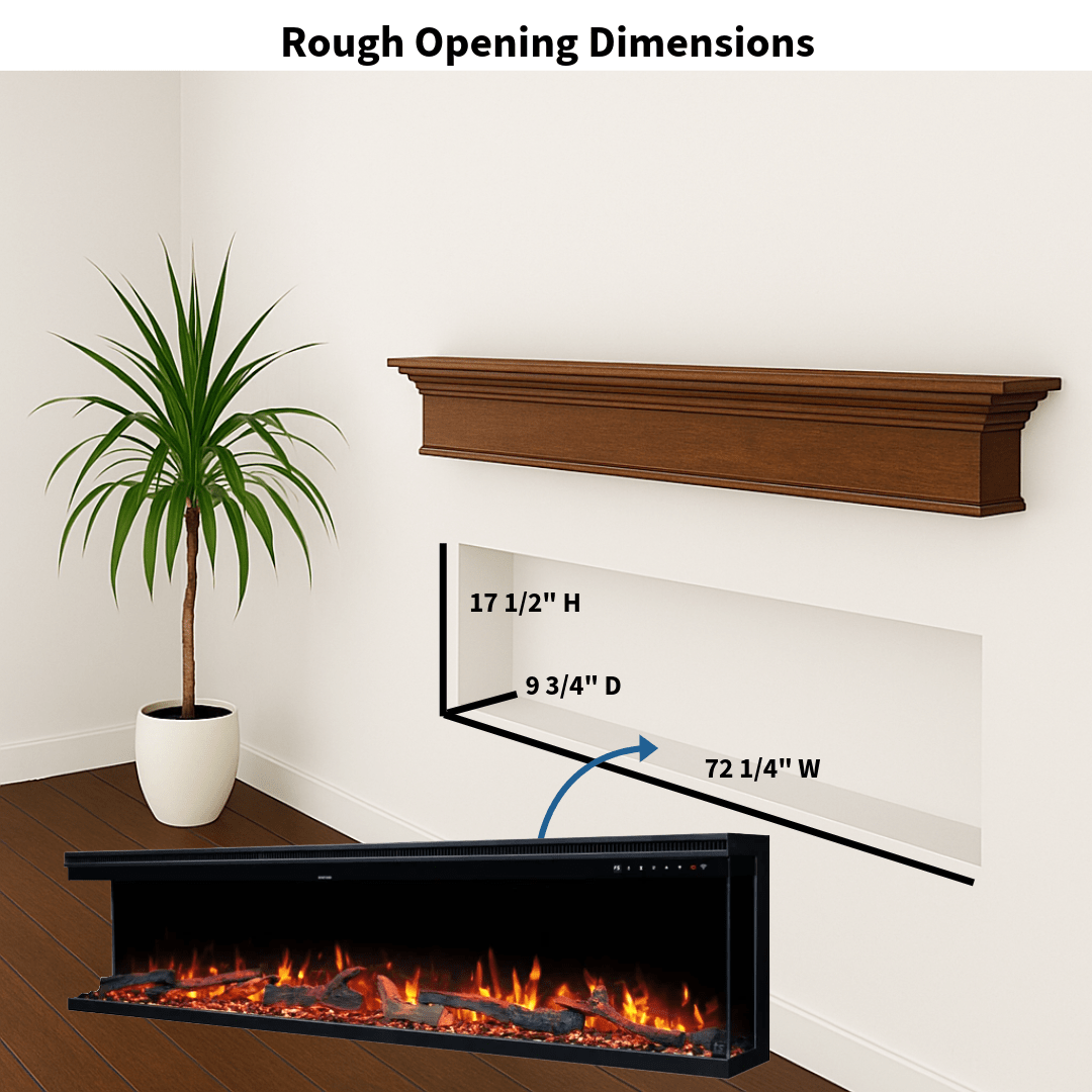 Touchstone Electric Fireplace rough opening dimensional graphic (Model: Infinity)