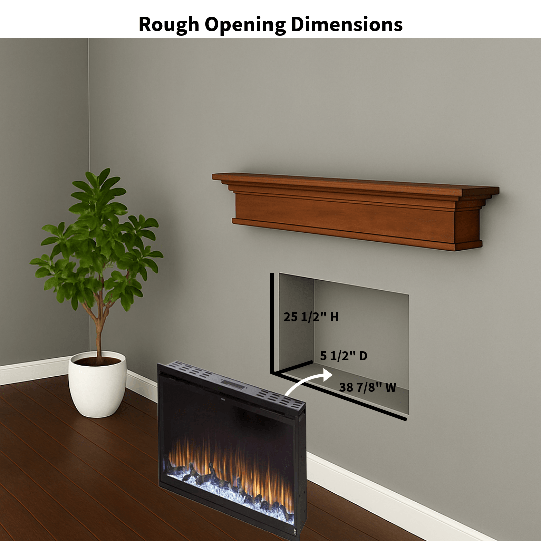 Touchstone Electric Fireplace rough opening dimensional graphic (Model: Sideline Elite)