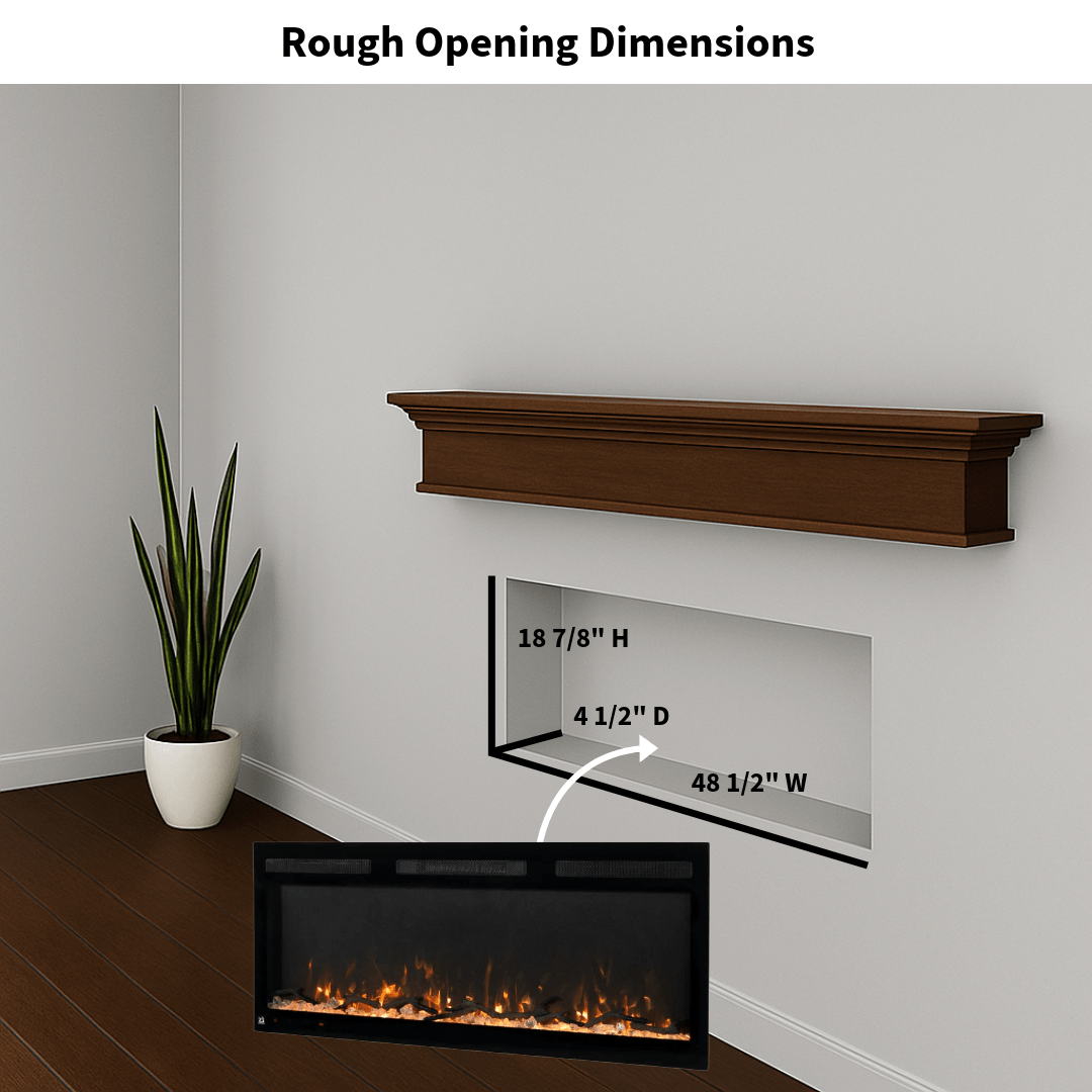 Touchstone Electric Fireplace rough opening dimensional graphic (Model: Fury)