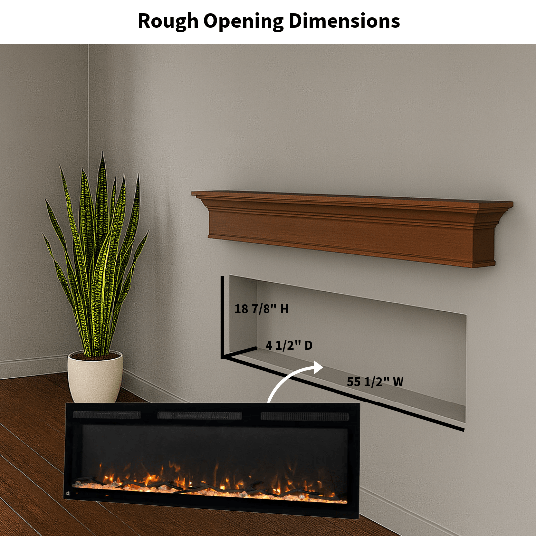 Touchstone Electric Fireplace rough opening dimensional graphic (Model: Fury)