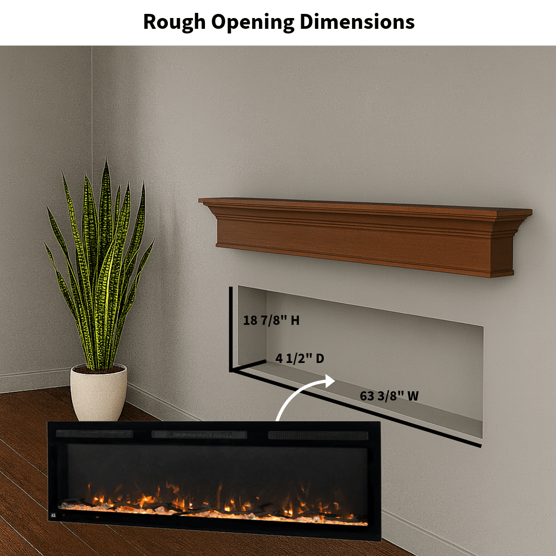 Touchstone Electric Fireplace rough opening dimensional graphic (Model: Fury)