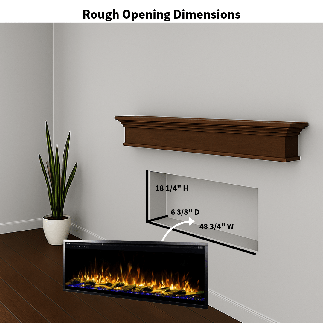 Touchstone Electric Fireplace rough opening dimensional graphic (Model: Sideline Elite Pro)