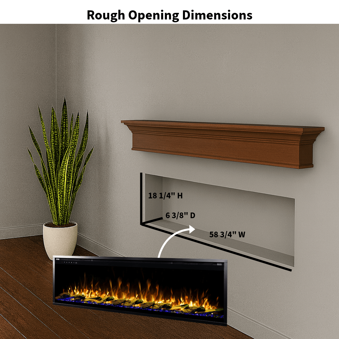Touchstone Electric Fireplace rough opening dimensional graphic (Model: Sideline Elite Pro)
