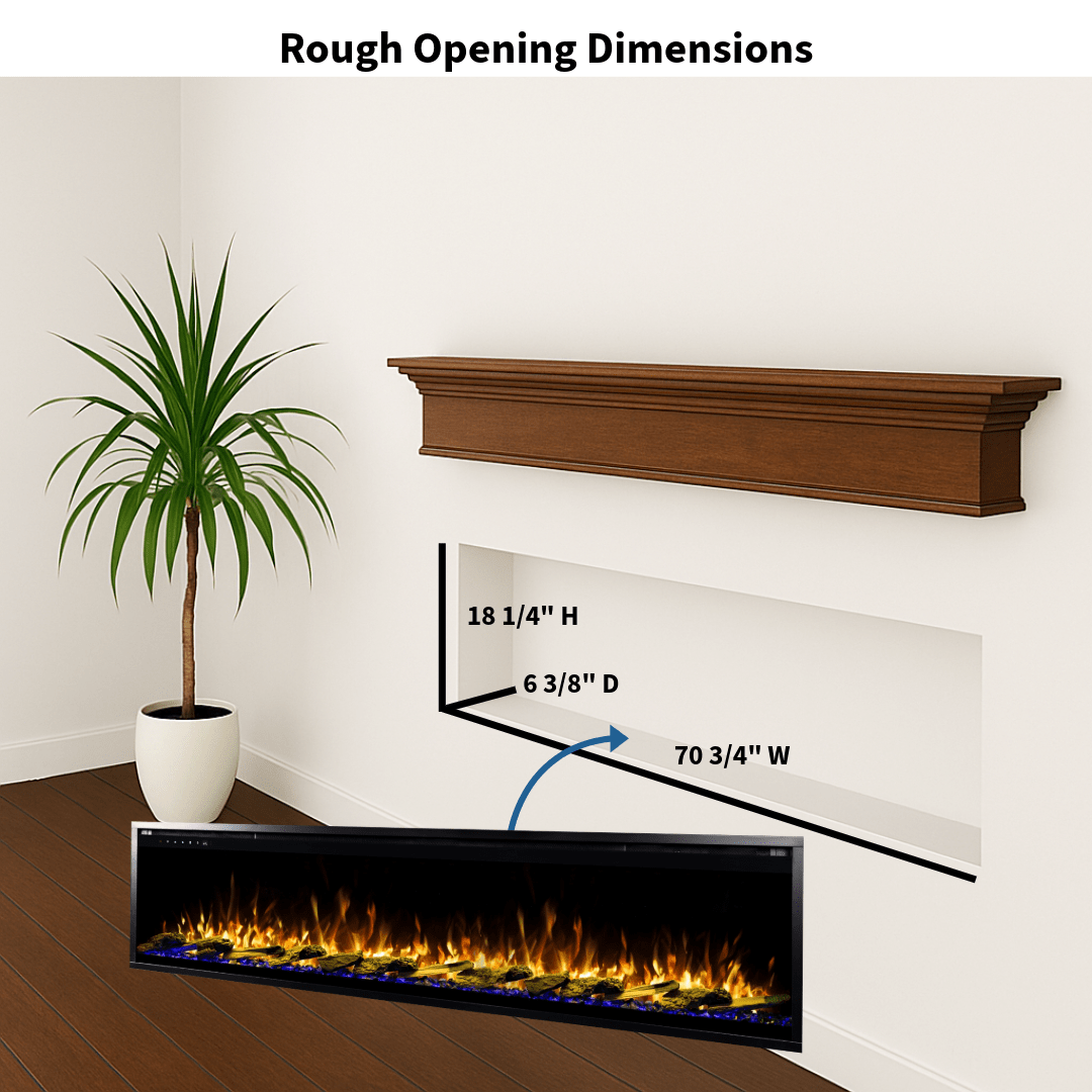 Touchstone Electric Fireplace rough opening dimensional graphic (Model: Sideline Elite Pro)