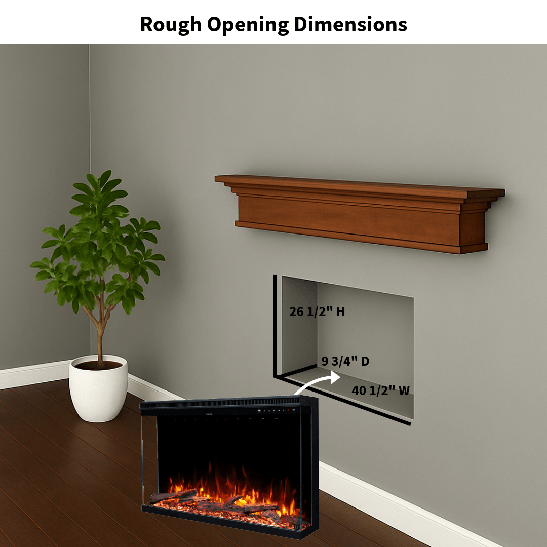 Touchstone Electric Fireplace rough opening dimensional graphic (Model: Infinity)