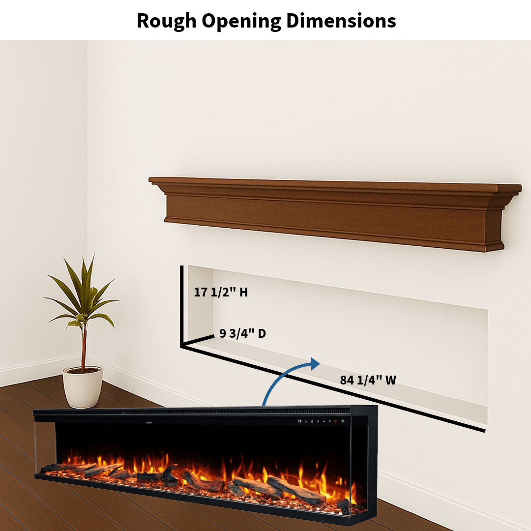 Touchstone Electric Fireplace rough opening dimensional graphic (Model: Infinity)