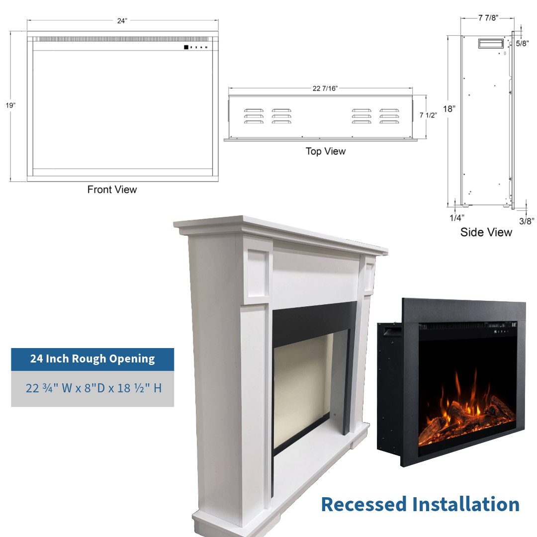 Touchstone Fireplug Pro rough opening and fireplace dimensions infographic
