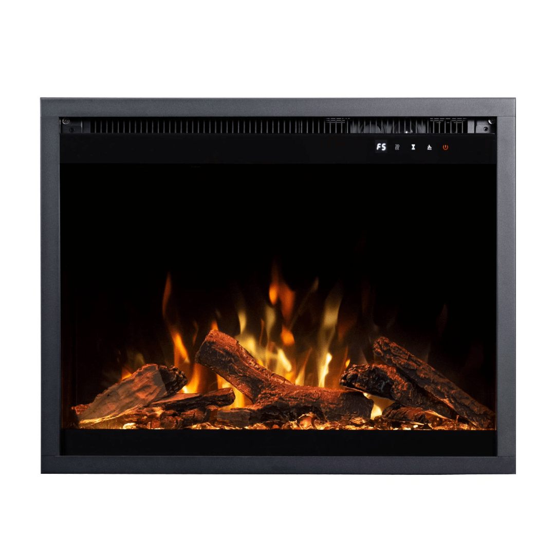 Touchstone Fireplug electric fireplace front view with orange and white flames
