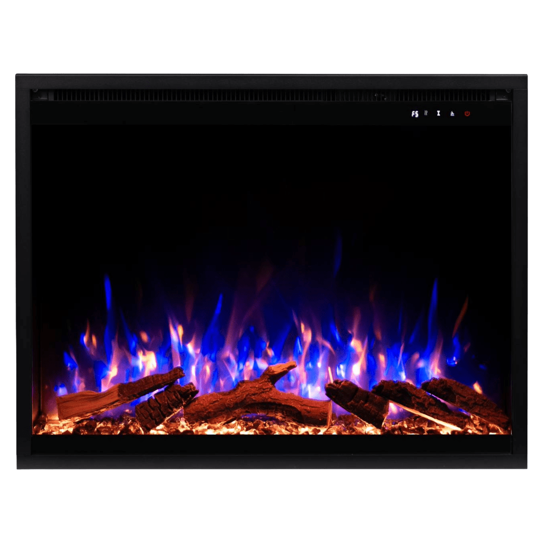 80071 Touchstone Electric fireplace on white with blue and orange flames showing