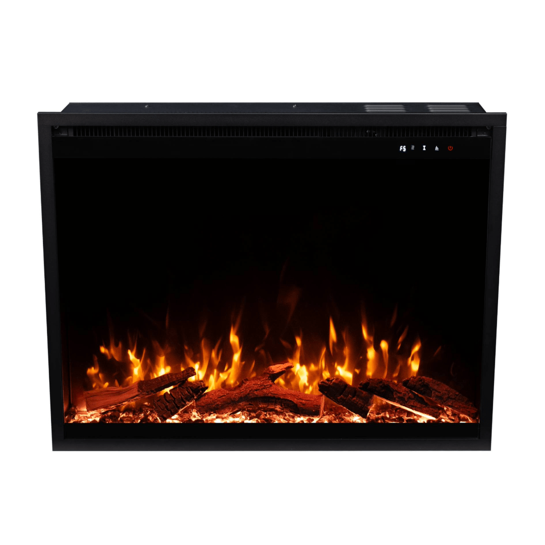 Touchstone Fireplug electric fireplace top angle view with orange flames