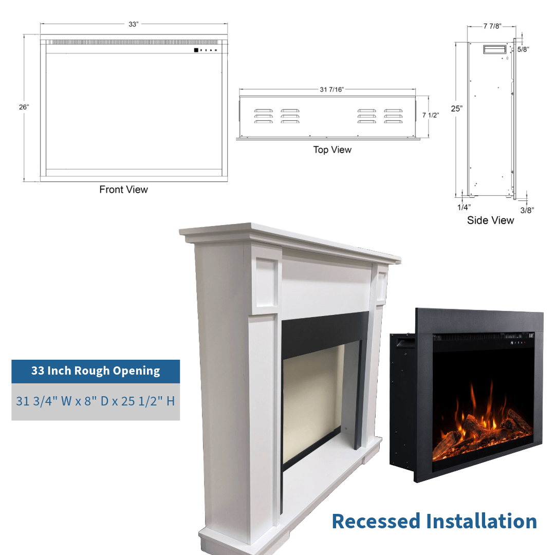Touchstone Fireplug Pro rough opening and fireplace dimensions infographic