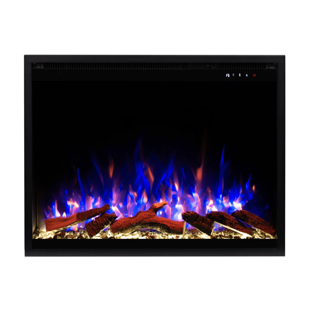 Touchstone Fireplug electric fireplace front view orange and blue flame