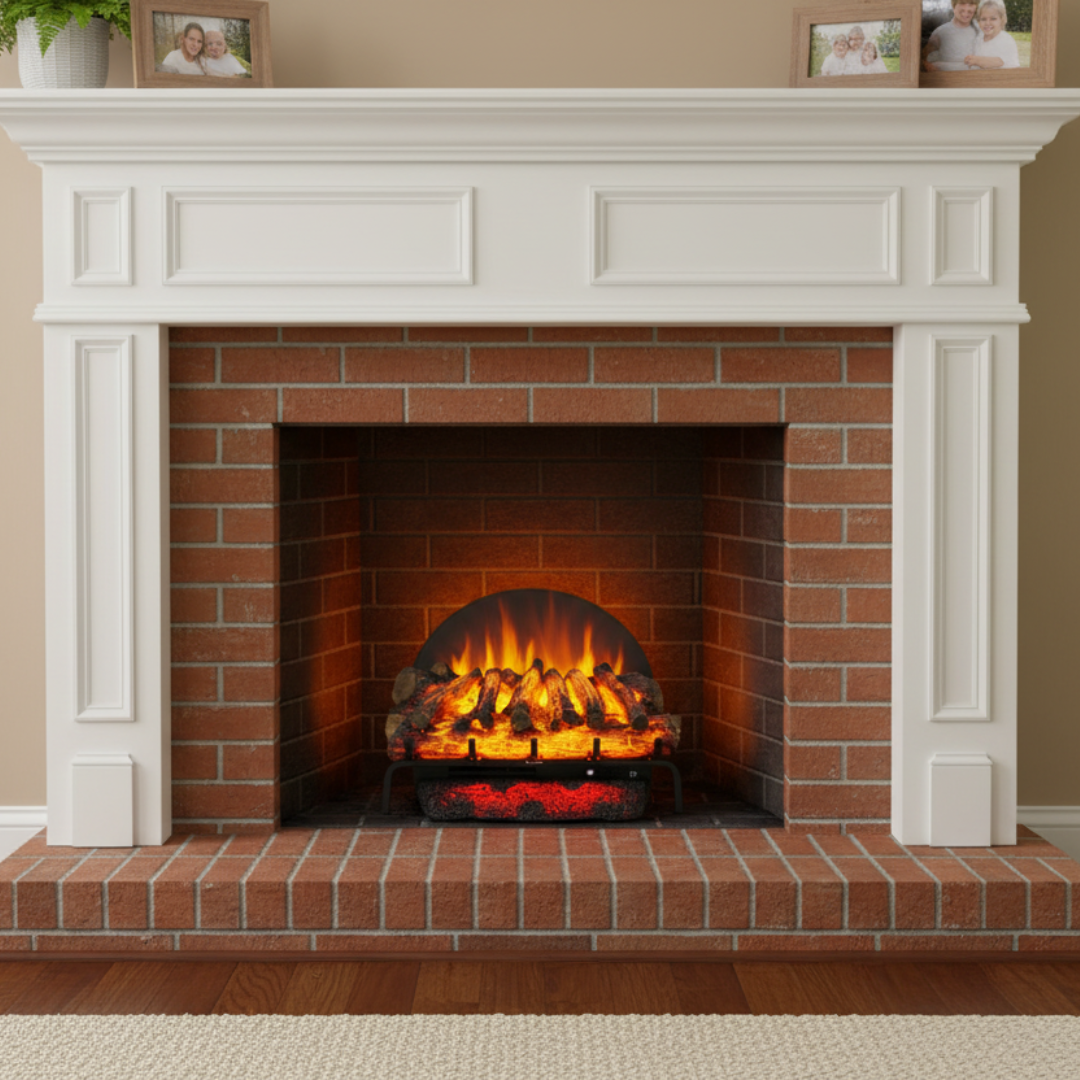 Touchstone 80074 27 inch Burnbrite Electric Log Set lifestyle photo with a traditional brick fireplace.