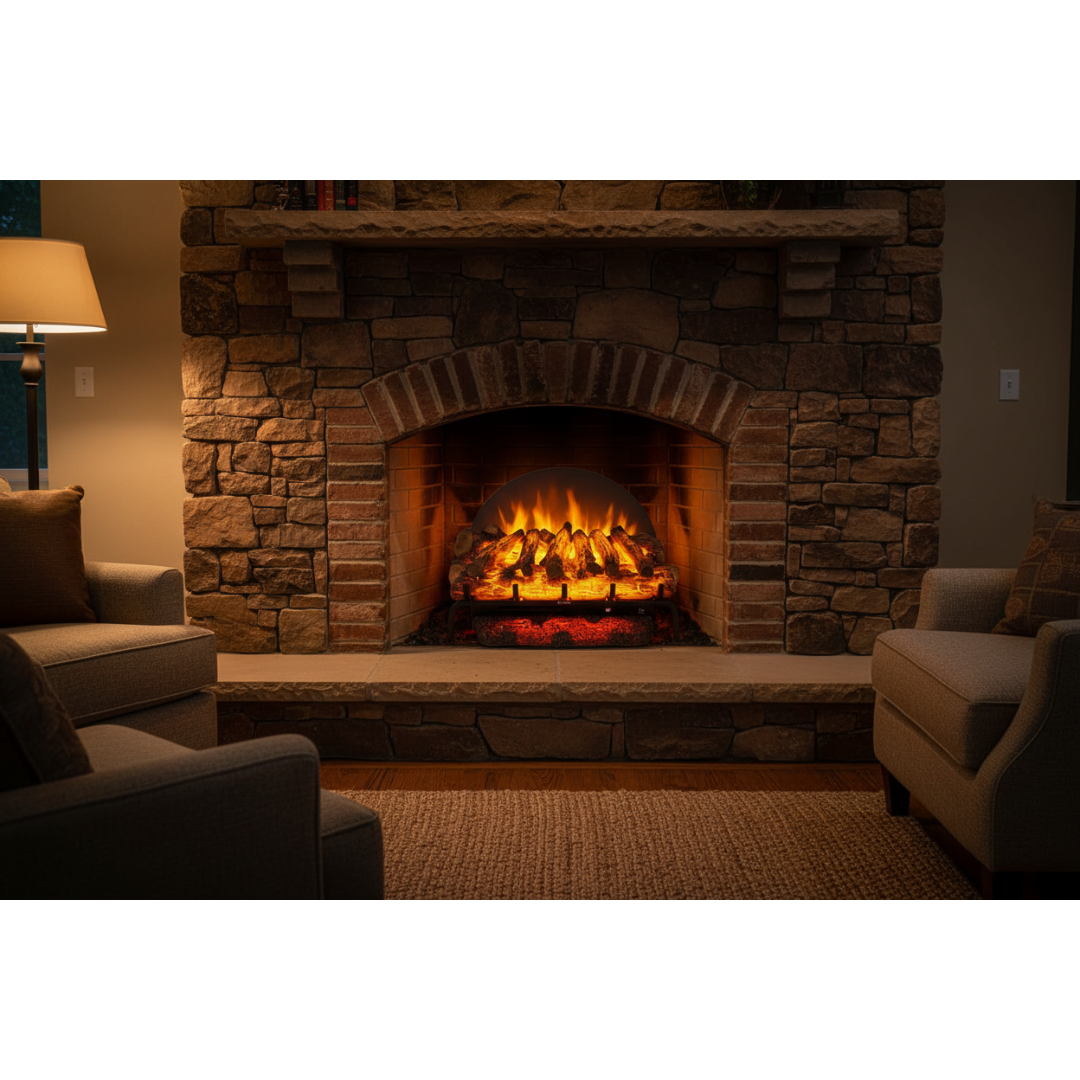 Touchstone 80074 27 inch Burnbrite Electric Log Set lifestyle image with a traditional stone fireplace.