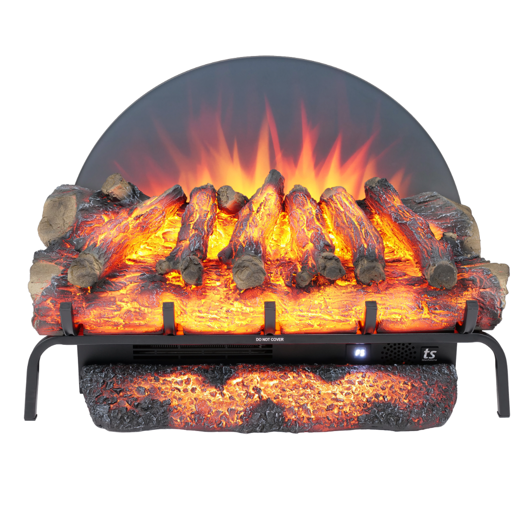 Touchstone 80074 27 inch Burnbrite Electric Log Set with orange flames on white.