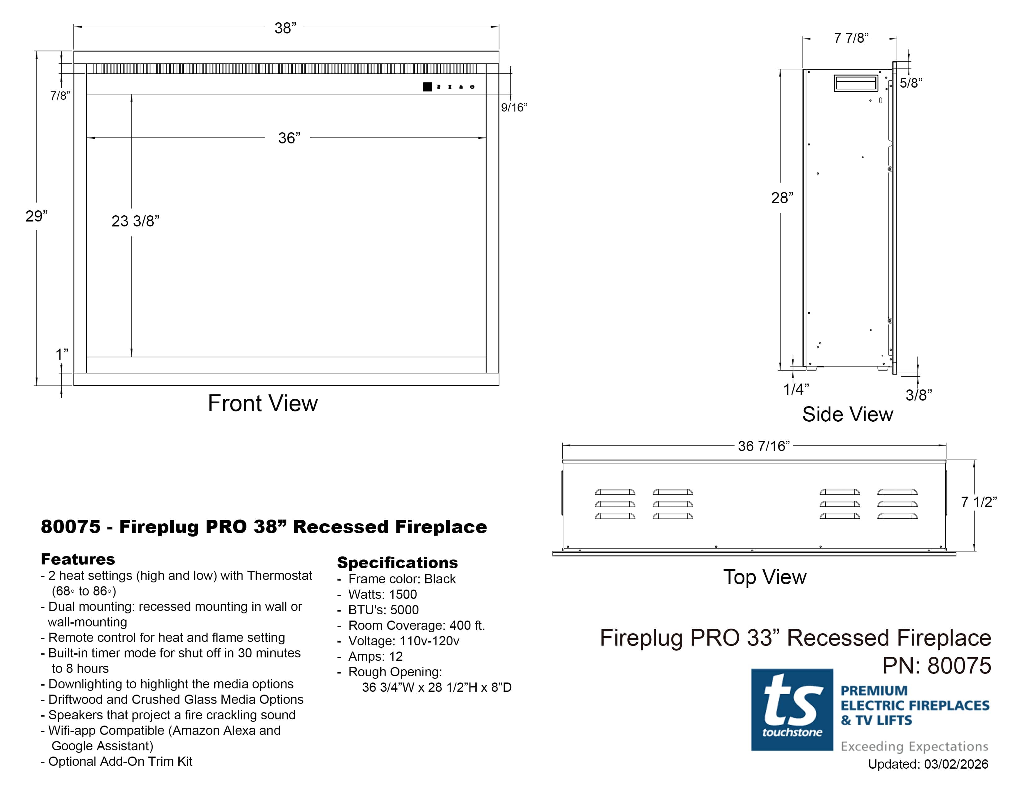 Touchstone Fireplug Pro Electric Fireplace insert 38-inch 80075 dimensional drawing.
