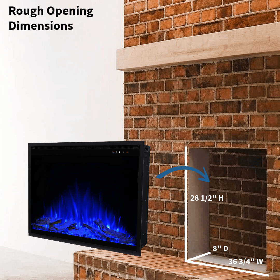 Touchstone Fireplug Pro Electric Fireplace insert 38-inch 80075 rough opening dimensions graphic.
