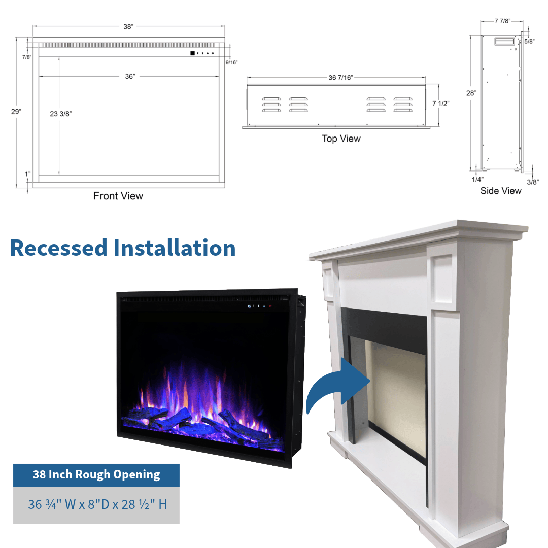 Touchstone Fireplug Pro Electric Fireplace insert 38-inch 80075 recessed installation graphic.