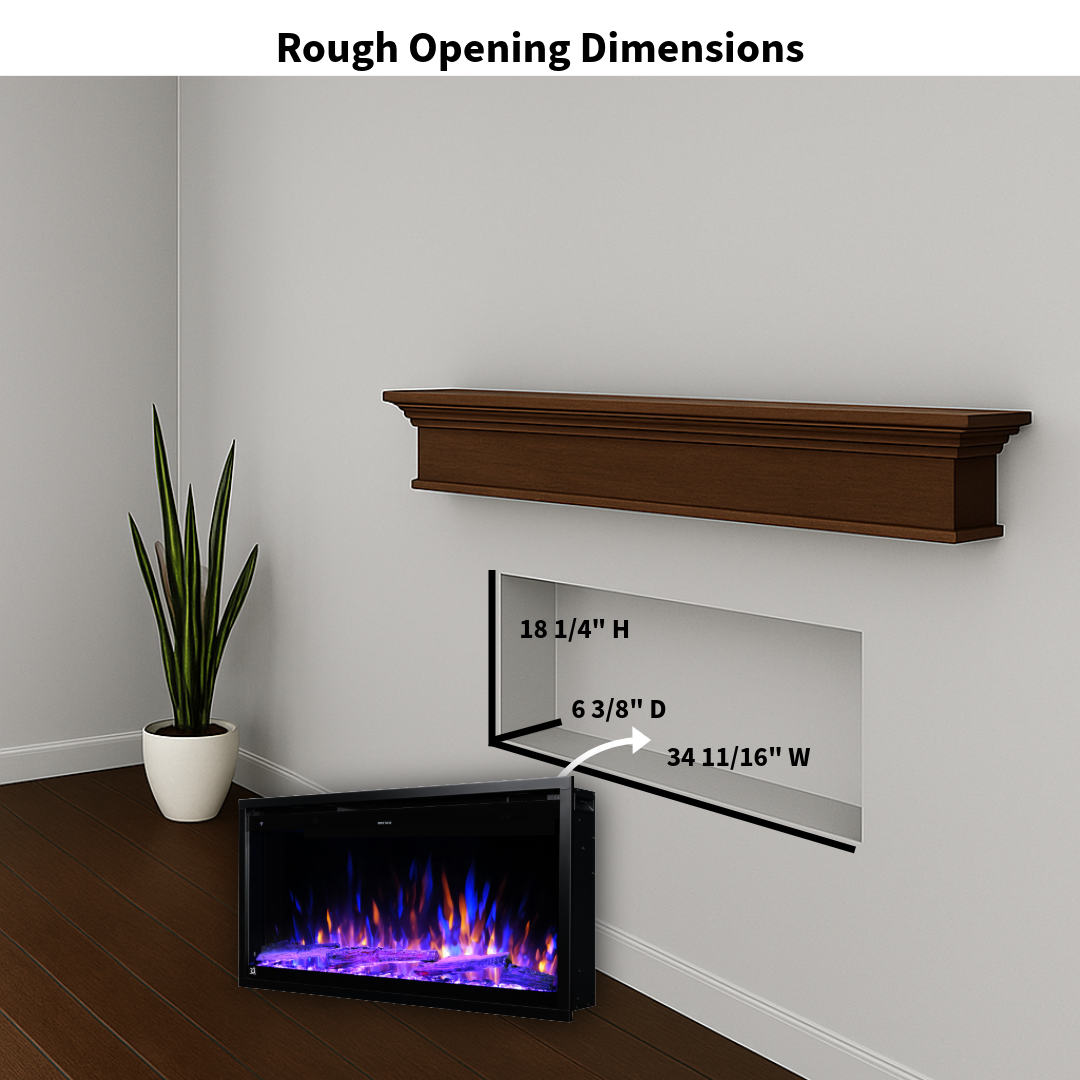 Touchstone Electric Fireplace rough opening dimensional graphic (Model: Sideline Elite Pro)