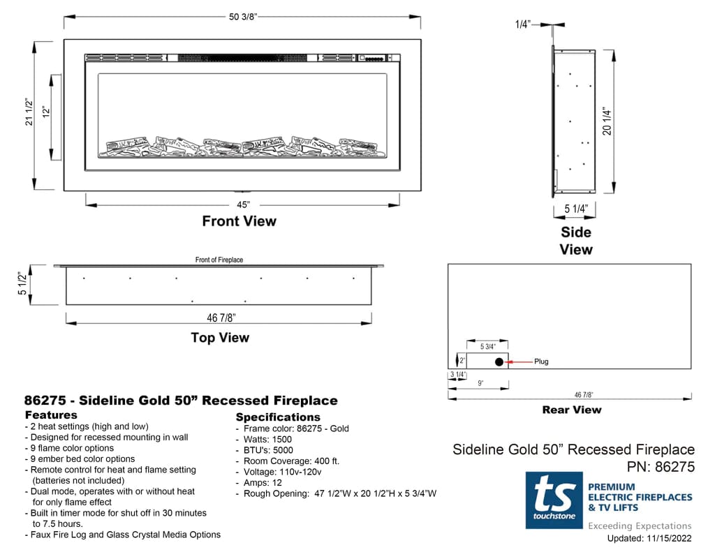 The Sideline Deluxe Gold 50 Inch Recessed Smart Electric Fireplace 86275 dimensional line drawing specifications