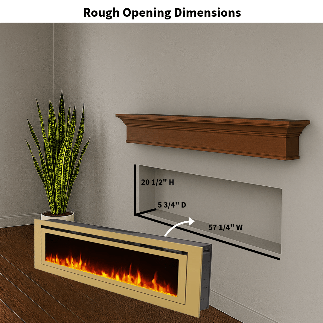Touchstone Electric Fireplace rough opening dimensional graphic (Model: Deluxe)