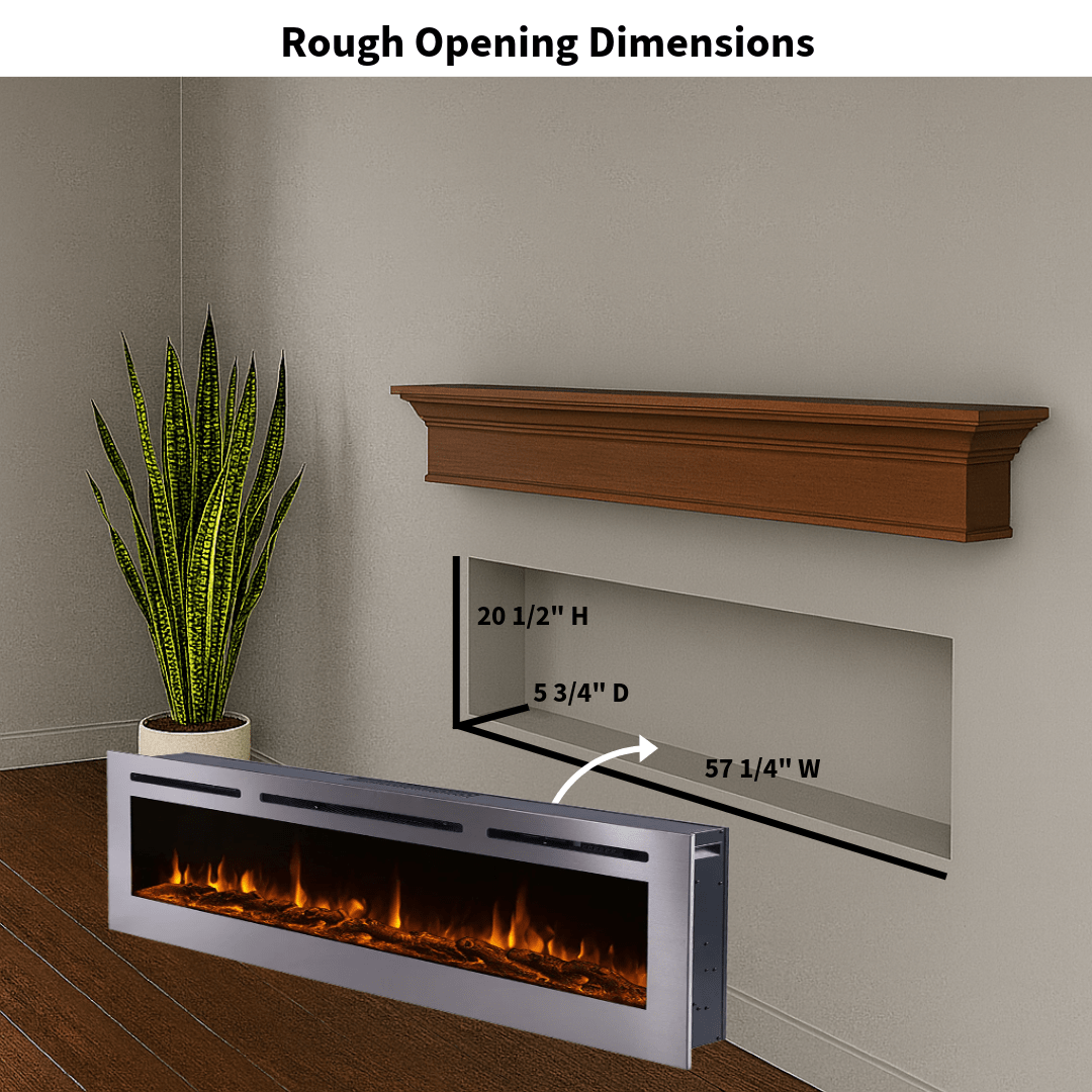 Touchstone Electric Fireplace rough opening dimensional graphic (Model: Deluxe)