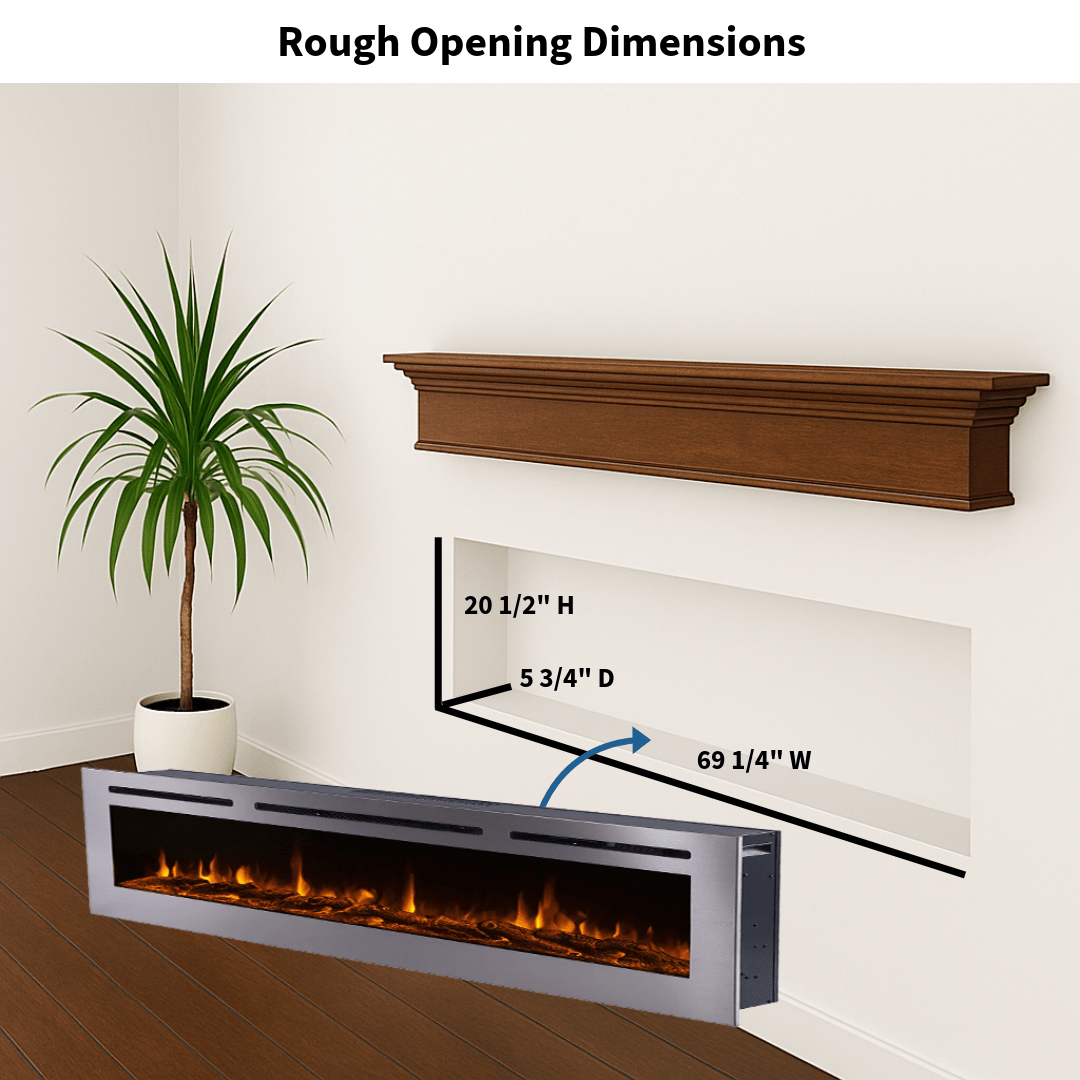 Touchstone Electric Fireplace rough opening dimensional graphic (Model: Deluxe)