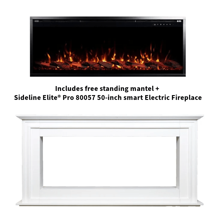 This freestanding mantel features a classic white mantel plus the Touchstone Sideline Elite 50 Smart ElectricFireplace
