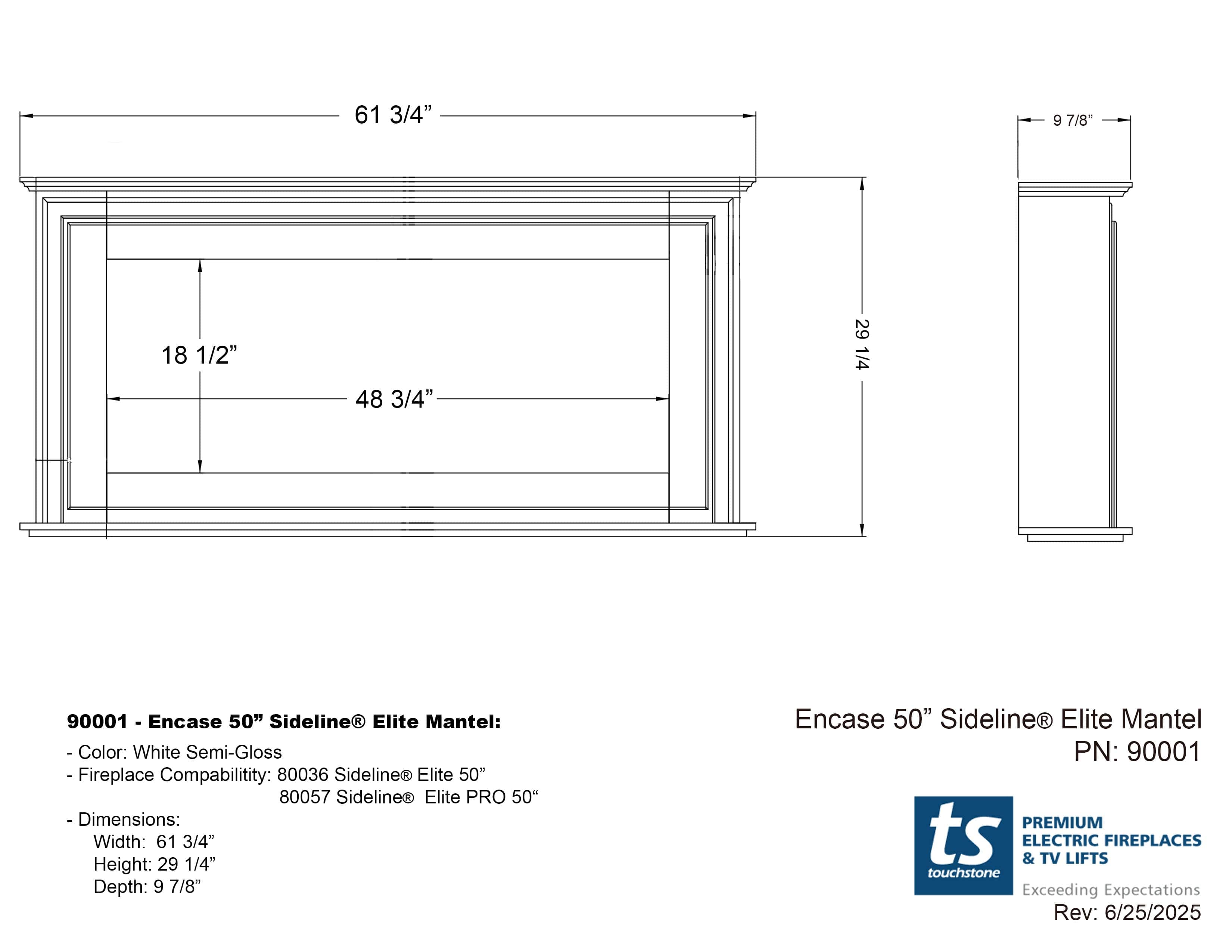 Touchstone Sideline Elite 50 inch surround mantel and fireplace dimensional drawing and specifications